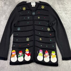The Quacker Factory M Black Zip Up Cardigan Sweater Snowmen Sequin Snowflake VTG